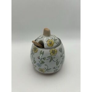 Creative Co-Op Hand Painted Spoon‎ & Lid Stoneware Sugar Pot Flower Design
